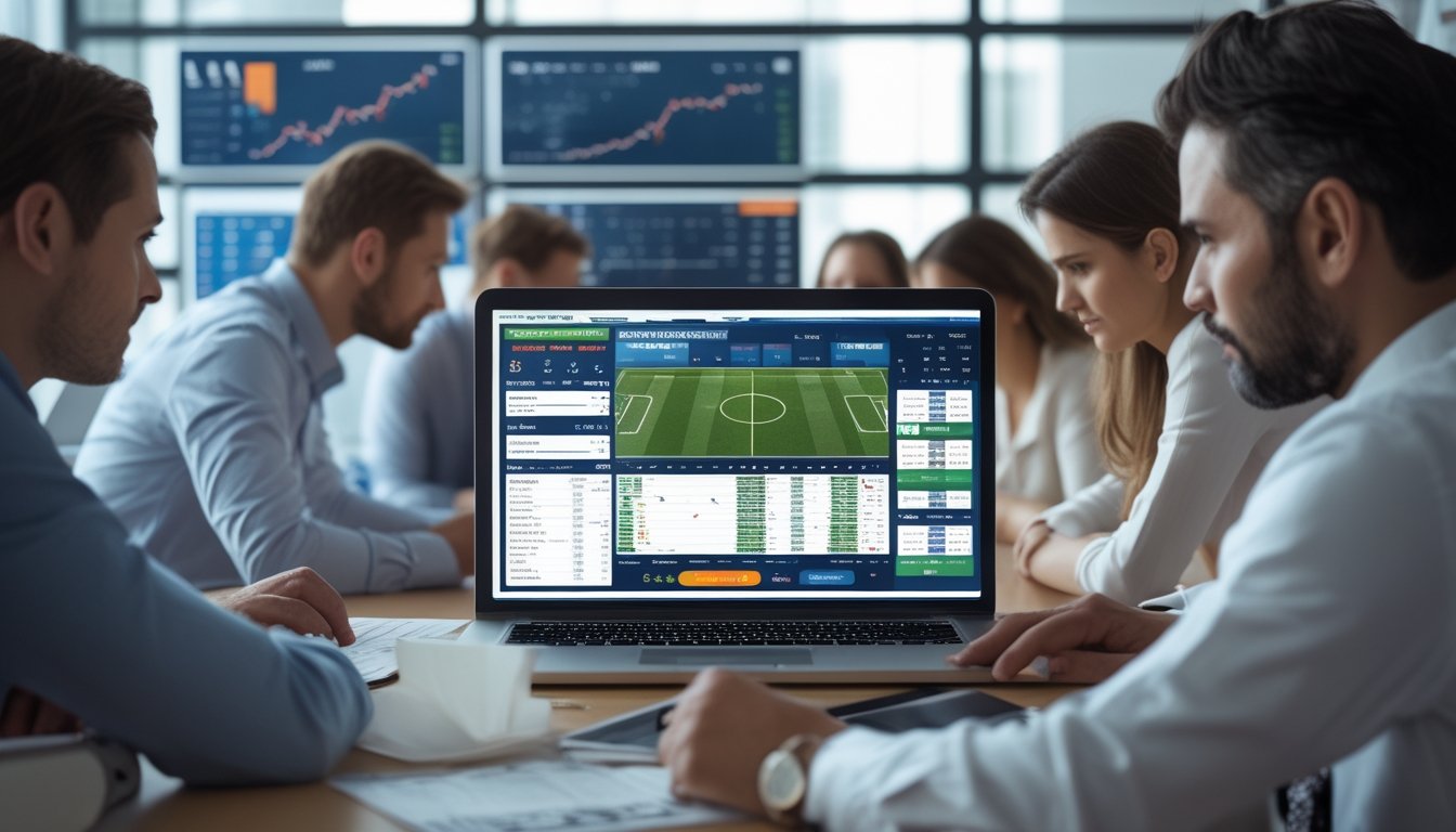 Beberapa orang sedang menganalisis data taruhan sepak bola 1X2 di depan laptop dan layar komputer di ruang kerja modern.