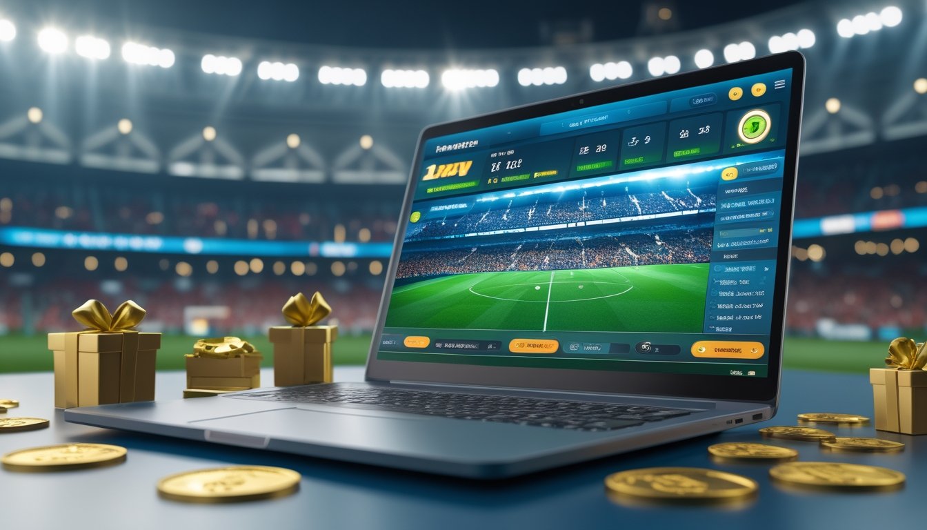 Seorang pria menggunakan laptop dengan tampilan antarmuka taruhan sepak bola, dikelilingi oleh koin emas dan uang, dengan latar belakang stadion sepak bola yang ramai.
