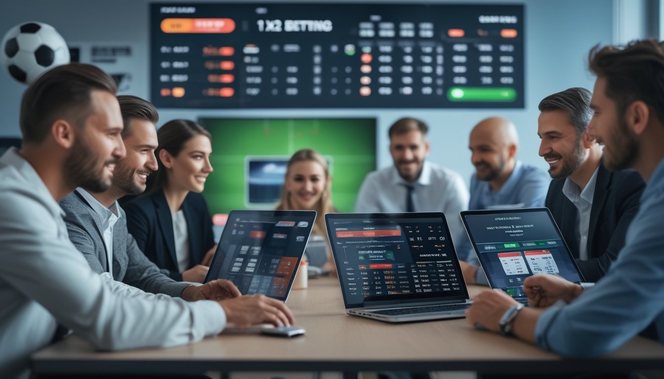 Orang-orang sedang menggunakan perangkat digital untuk memasang taruhan sepak bola dengan tampilan odds dan promosi di layar.