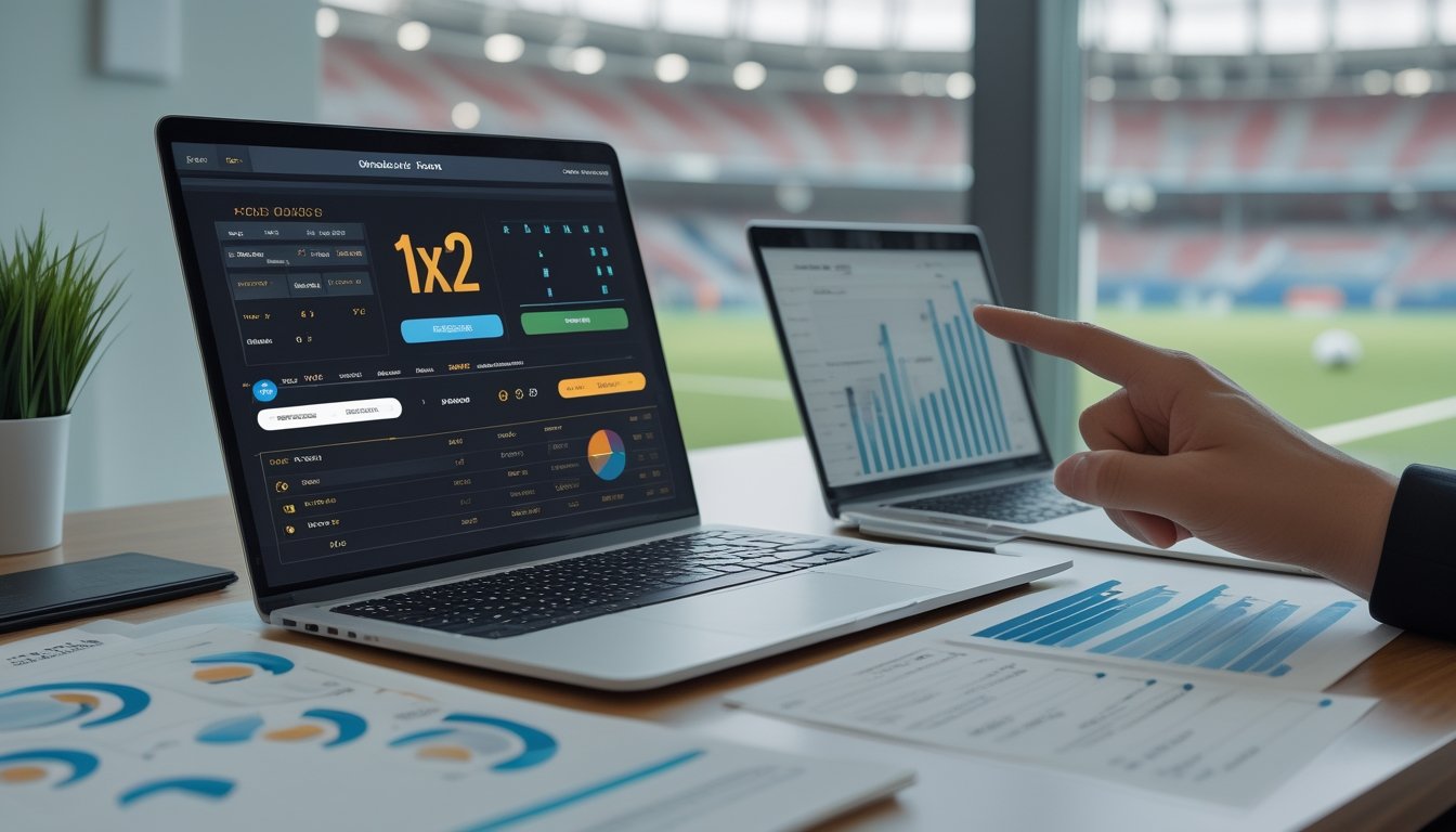 Sebuah meja kerja dengan laptop menampilkan situs taruhan sepak bola 1X2, grafik dan statistik, serta tangan menunjuk layar dengan latar belakang stadion sepak bola.