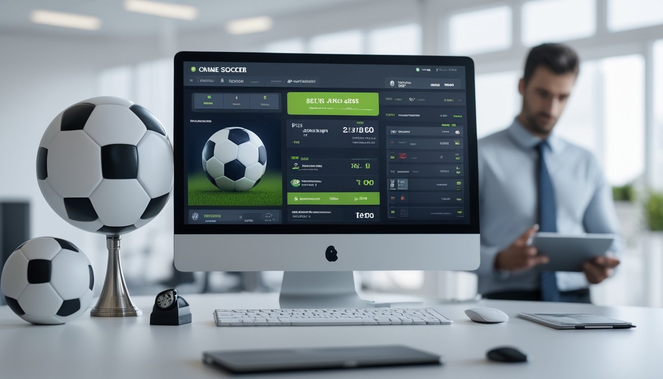Seorang profesional sedang menggunakan komputer dengan tampilan platform taruhan sepak bola 1X2 resmi di kantor modern.
