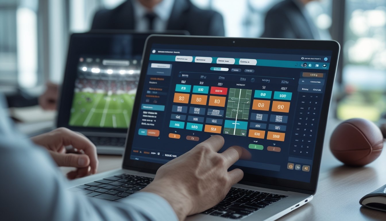 Seseorang menggunakan laptop dengan tampilan taruhan sepak bola 1X2, di latar belakang terlihat bola sepak dan stadion dengan lampu terang.
