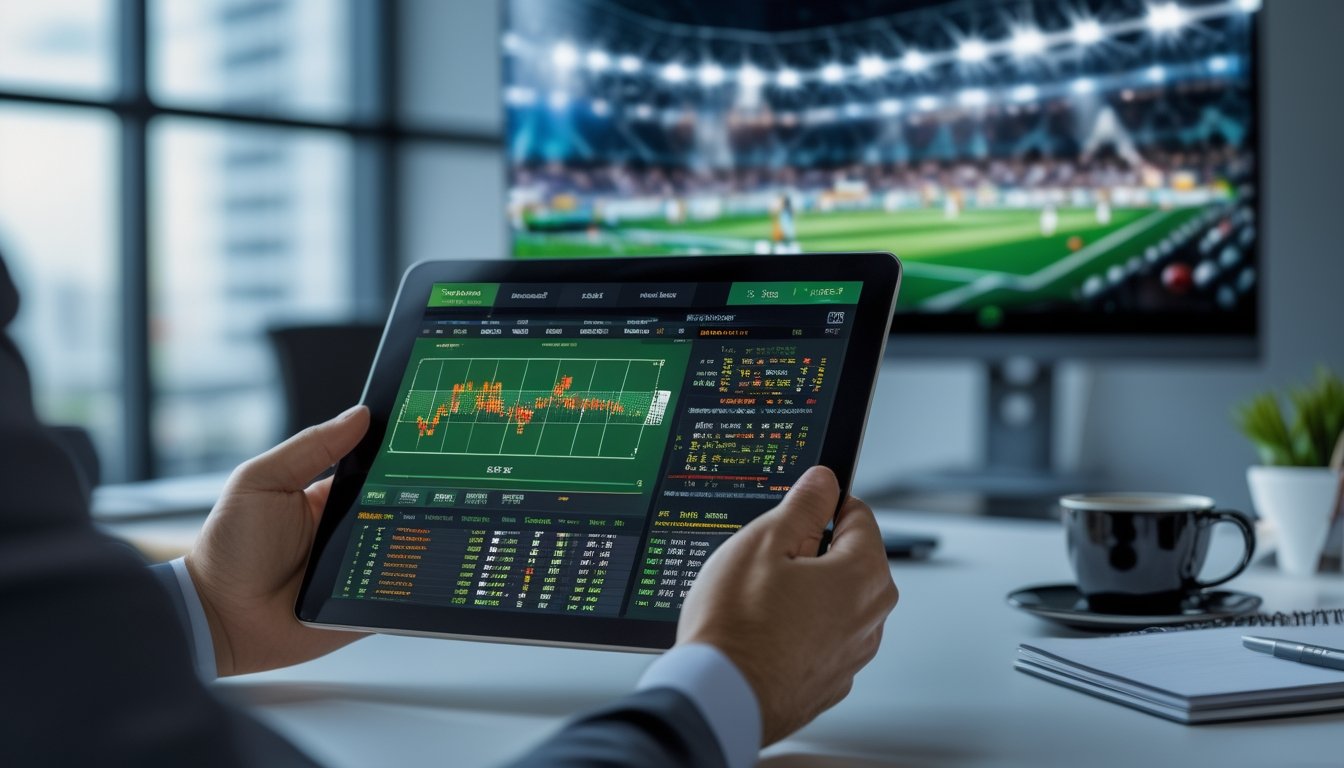 Seseorang menggunakan tablet dengan tampilan angka dan grafik taruhan sepak bola, di latar belakang pertandingan sepak bola sedang berlangsung di stadion.