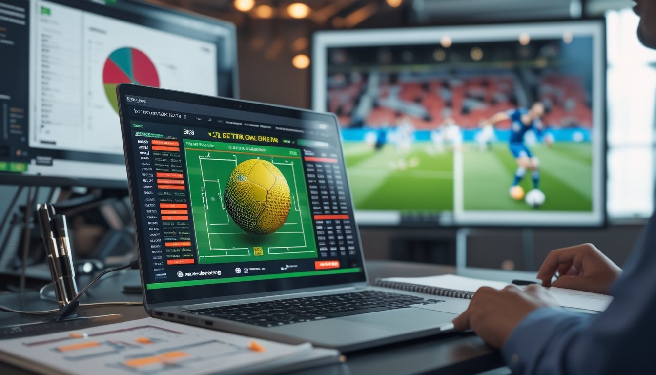 Seorang profesional bekerja di depan laptop dengan tampilan odds sepak bola 1X2 yang berubah, dikelilingi oleh grafik dan catatan, dengan pertandingan sepak bola sedang berlangsung di layar besar di belakangnya.