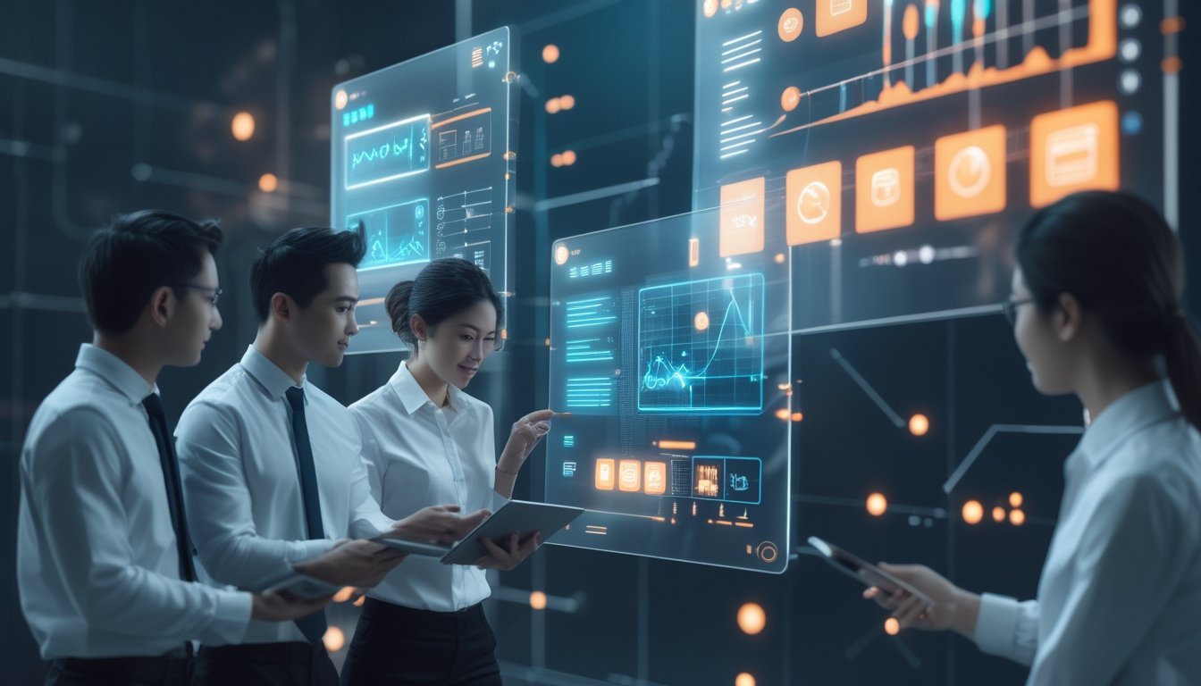 Sekelompok profesional muda sedang berdiskusi di depan layar digital futuristik yang menampilkan grafik dan ikon fitur platform online Sabung Ayam 338A.