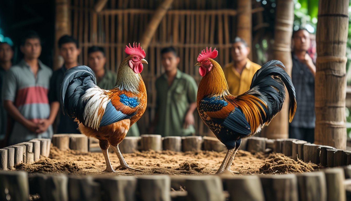 Dua ayam jantan siap bertarung di arena kayu dengan beberapa penonton yang mengamati di sekitarnya.