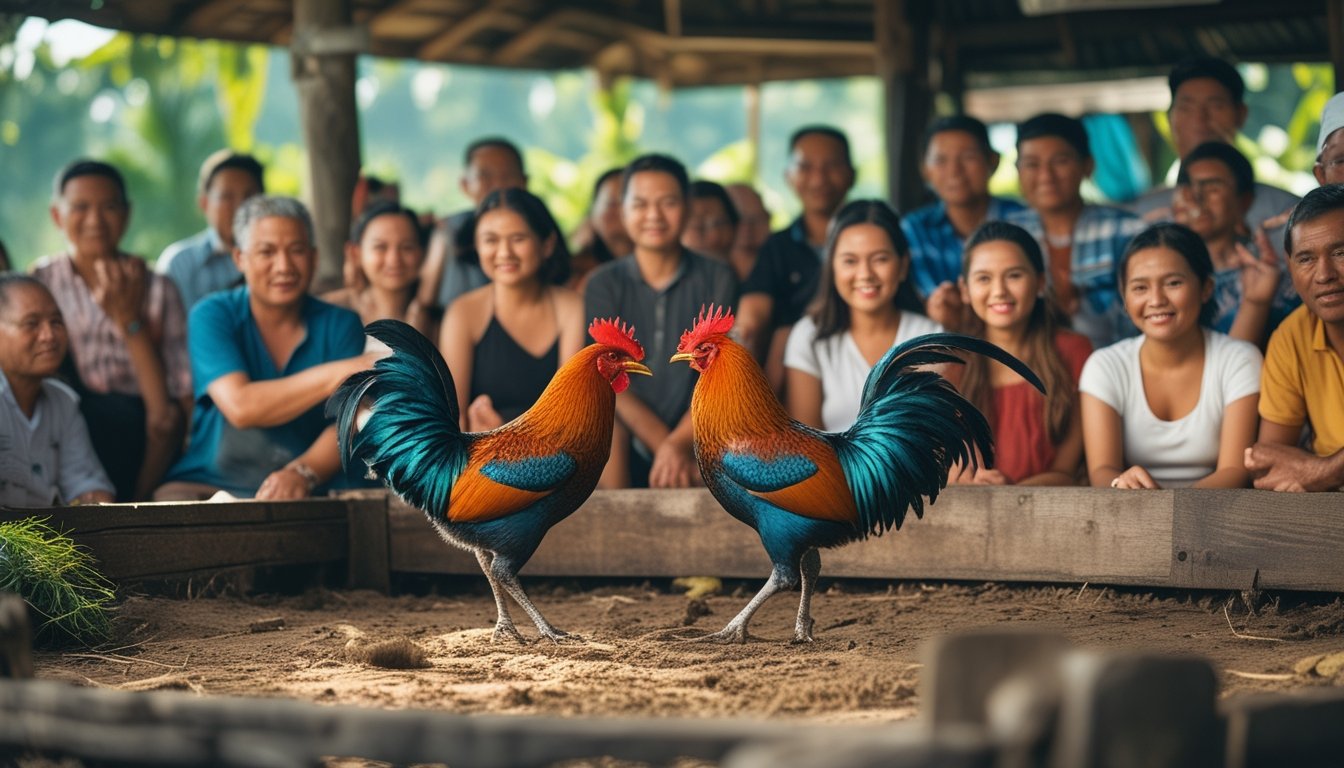 Dua ayam jago sedang bertarung di arena kayu dengan penonton yang antusias di sekitarnya di luar ruangan.