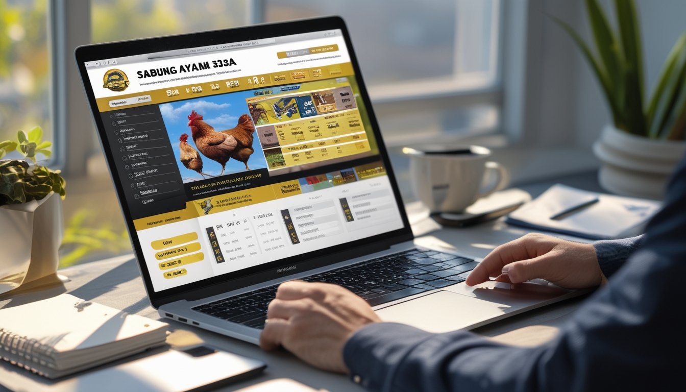 Meja kerja dengan laptop yang menampilkan jadwal pertandingan Sabung Ayam, disertai cangkir kopi, ponsel, dan buku catatan.