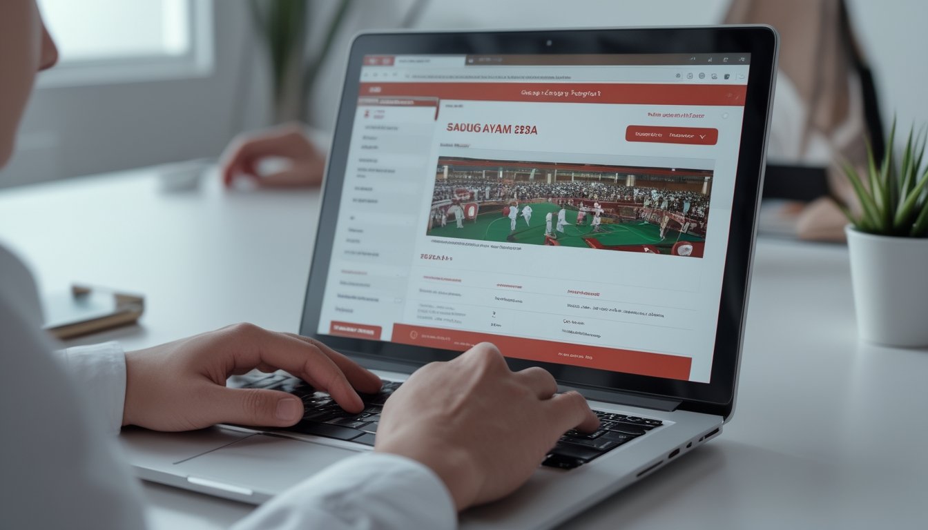 Seseorang menggunakan laptop dengan tampilan jadwal dan informasi pertandingan Sabung Ayam 338A di layar.
