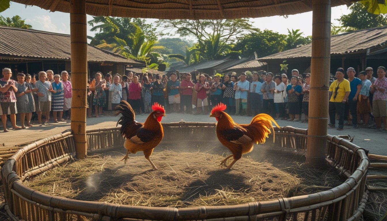 Dua ayam jantan sedang bertarung di arena tradisional dikelilingi oleh penonton di sebuah desa dengan latar belakang rumah dan pepohonan.