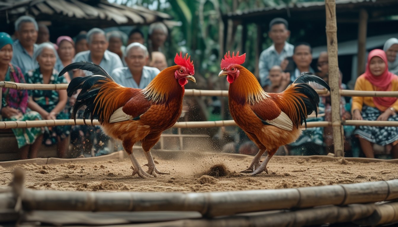 Dua ayam jago sedang bertarung di arena kayu dengan sekelompok orang menonton di sekitarnya di luar ruangan.