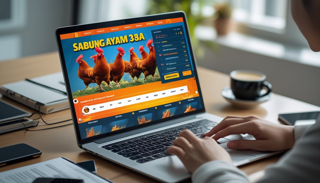 Seseorang menggunakan laptop yang menampilkan situs taruhan sabung ayam online dengan gambar ayam jago dan informasi taruhan, di atas meja kerja dengan beberapa alat tulis dan ponsel.