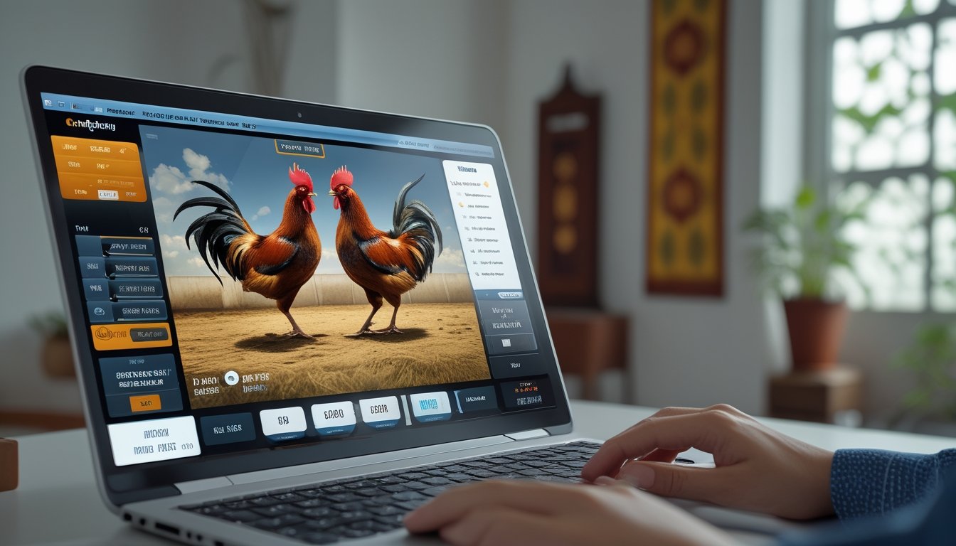 Seorang pengguna sedang menggunakan komputer dengan layar menampilkan ilustrasi dua ayam jago bertarung secara digital dalam suasana ruang kerja yang rapi.