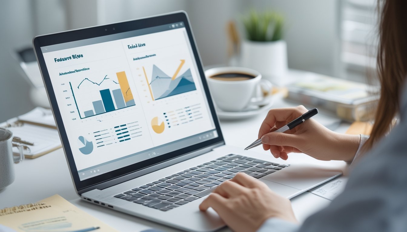 Seorang pengguna sedang membandingkan fitur di laptop dengan grafik dan catatan di meja kerja yang rapi.