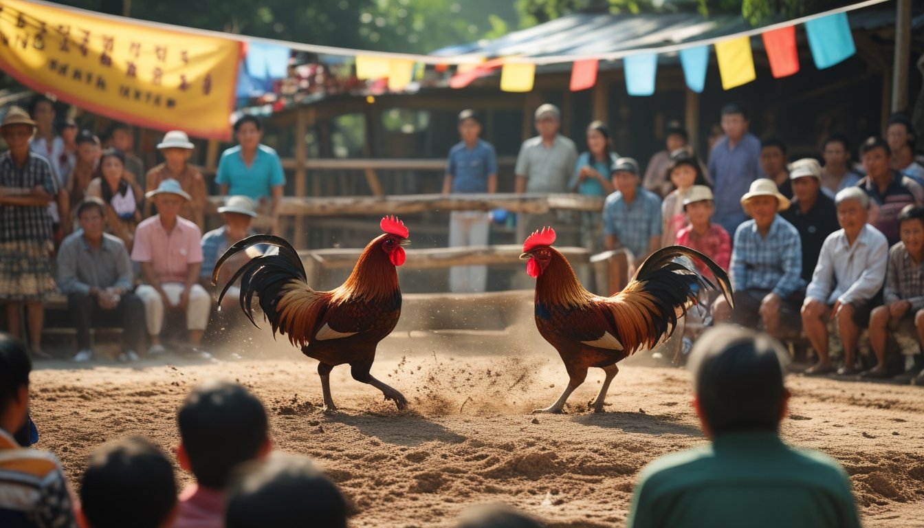 Dua ayam jantan sedang bertarung di arena dengan penonton yang antusias di sekelilingnya.