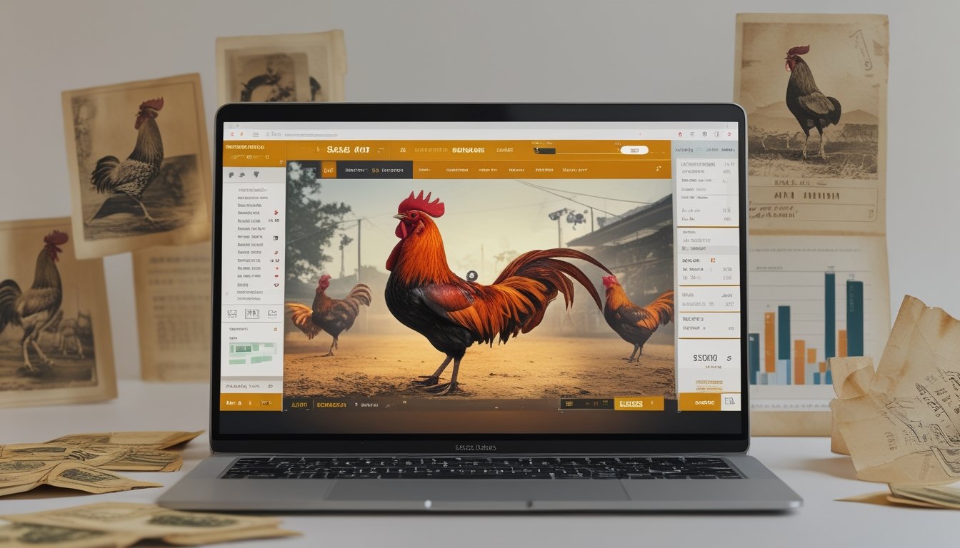 Perangkat digital menampilkan permainan sabung ayam online dengan gambar ayam jago bertarung, dikelilingi oleh foto dan ilustrasi sabung ayam tradisional serta grafik tren modern.