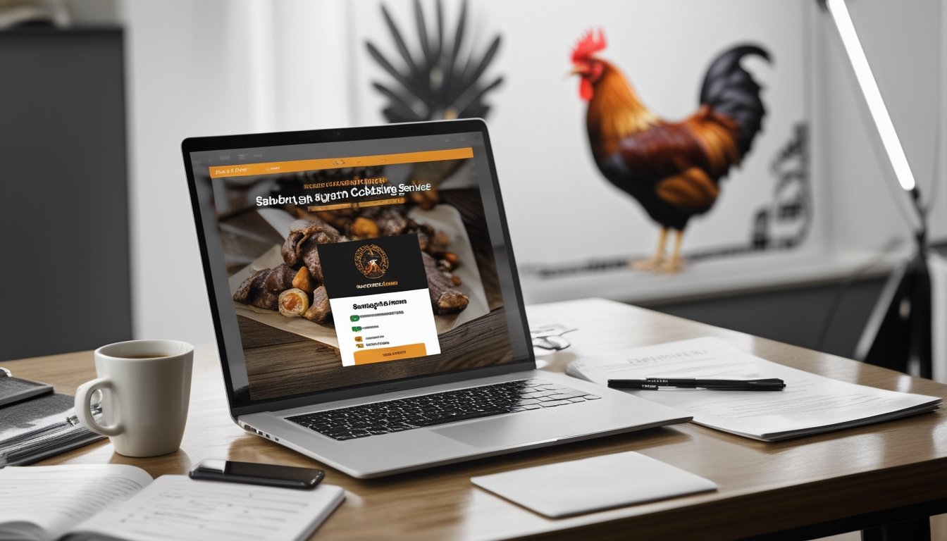 Meja kerja dengan laptop yang menampilkan situs web tentang layanan Sabung Ayam, dikelilingi dokumen dan cangkir kopi.