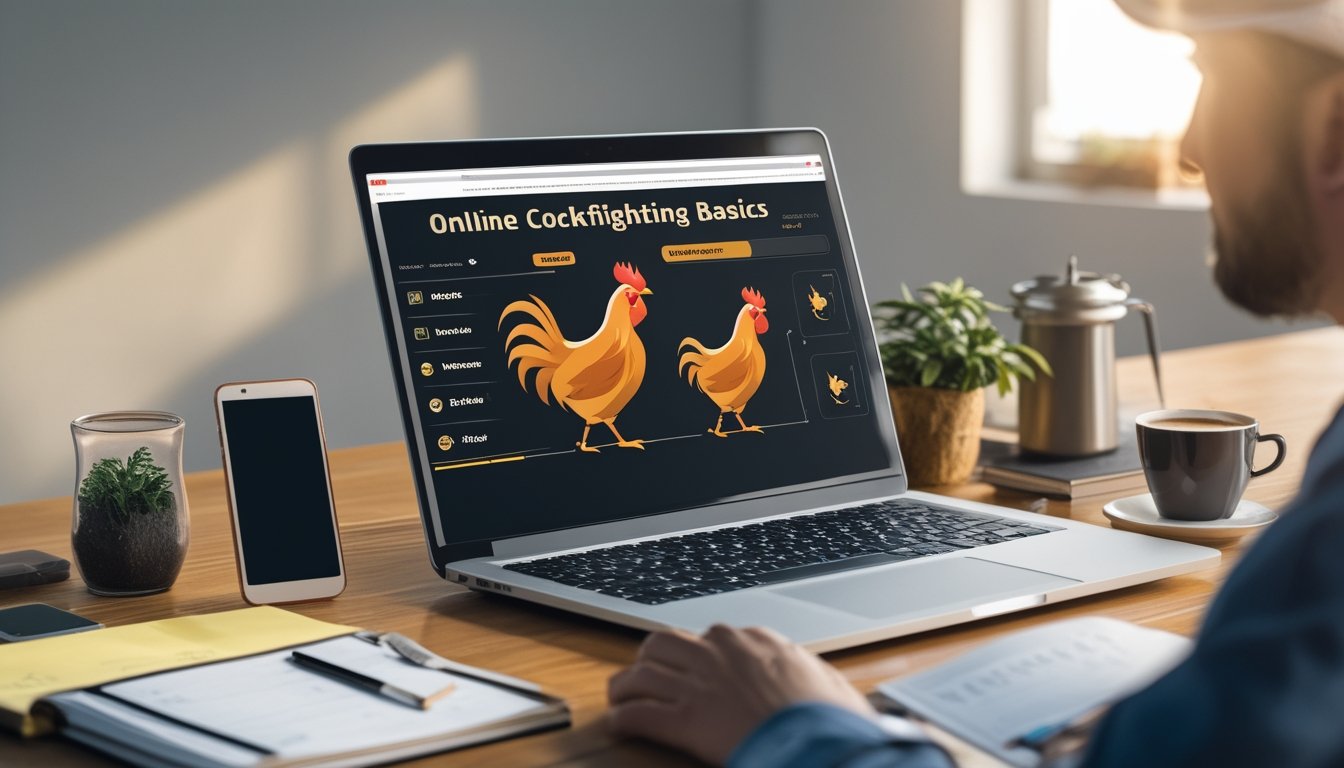 Meja kerja dengan laptop yang menampilkan antarmuka layanan sabung ayam online, dikelilingi catatan, ponsel, dan secangkir kopi.