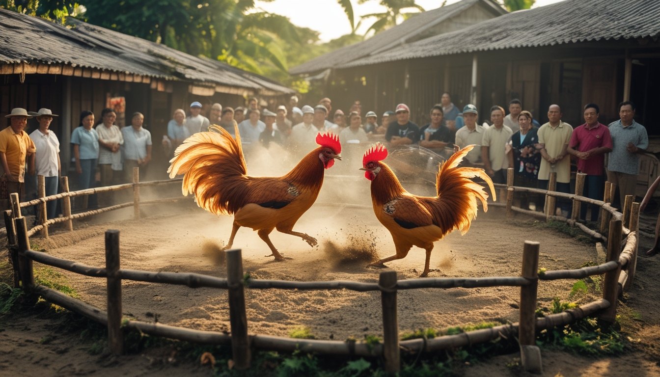Dua ayam jago sedang bertarung di arena terbuka dengan penonton desa di sekelilingnya, latar belakang pepohonan tropis dan rumah tradisional.