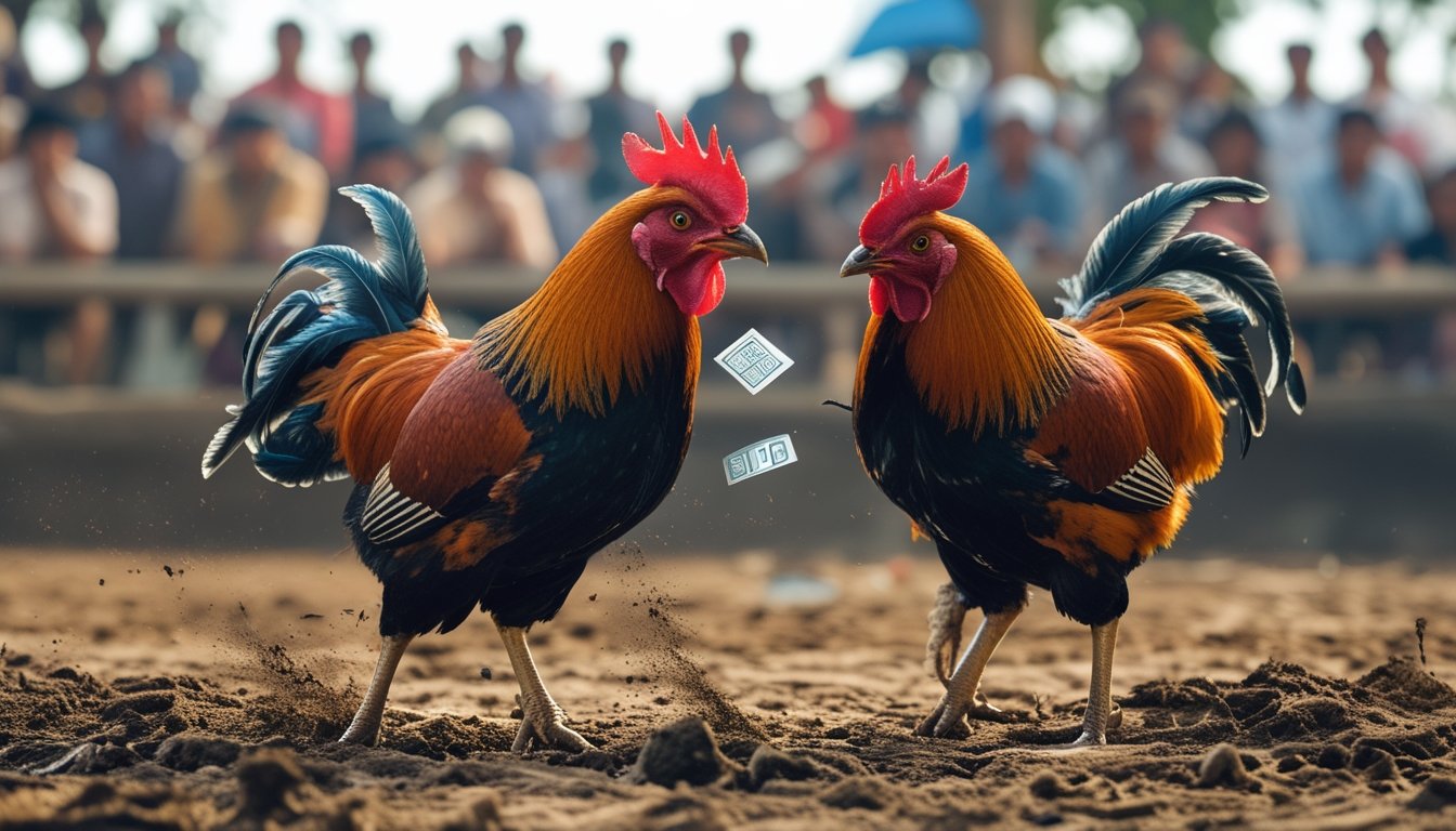 Dua ayam jago sedang bertarung di arena terbuka dengan penonton di latar belakang.