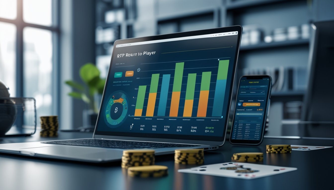 Seorang profesional sedang melihat grafik dan data pada layar komputer yang menampilkan persentase RTP dalam suasana ruang kerja modern.