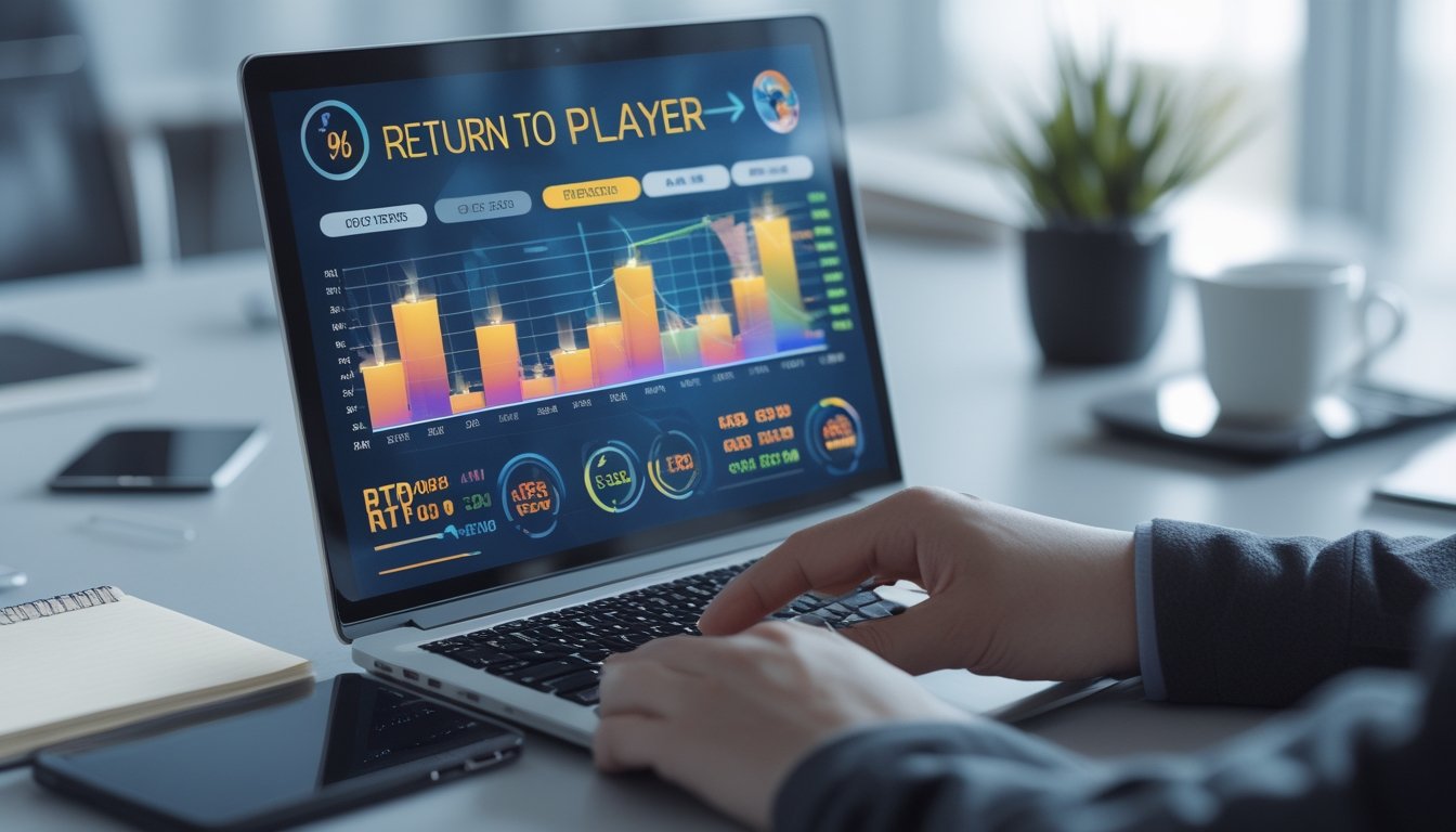 Sebuah ruang kerja modern dengan laptop menampilkan grafik persentase Return to Player dan tangan menunjuk layar laptop.