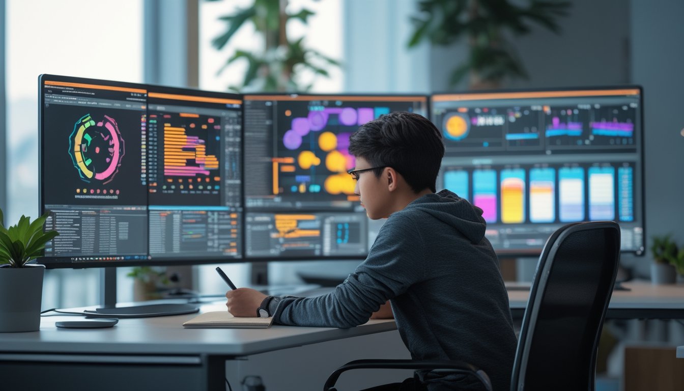 Seseorang duduk di meja kerja dengan beberapa monitor komputer yang menampilkan pola dan grafik permainan, sedang mencatat dengan fokus.