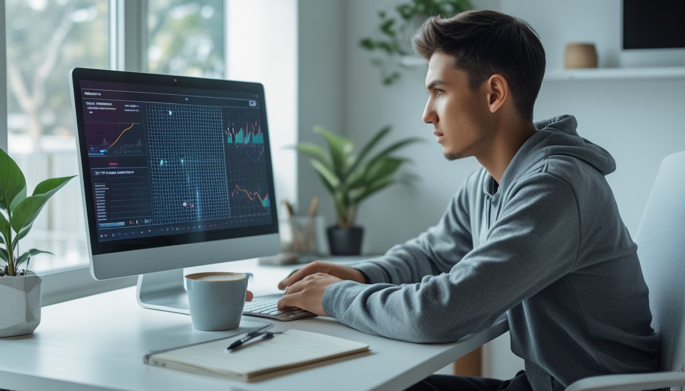 Seorang dewasa muda duduk di meja dengan laptop, menganalisis pola permainan online di ruangan kantor rumah yang terang dan rapi.