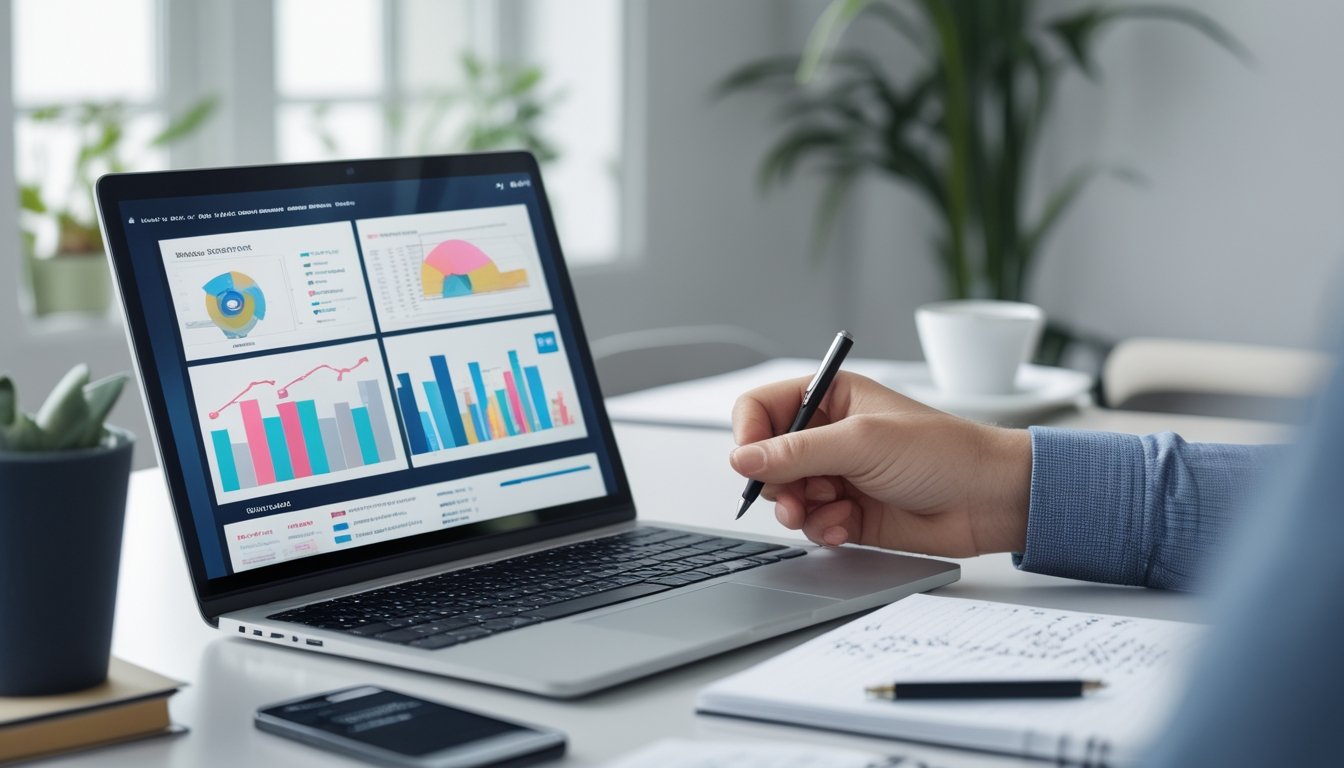 Seorang profesional sedang menganalisis data statistik online di depan laptop di ruang kerja yang rapi.