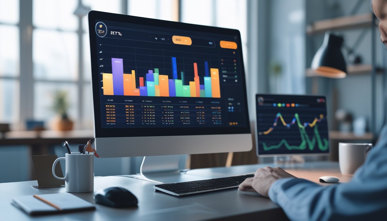 Sebuah ruang kerja digital dengan monitor menampilkan grafik statistik RTP slot online dan tangan menggunakan mouse di meja yang rapi.