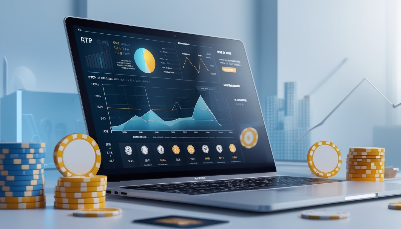 Sebuah komputer modern menampilkan grafik dan data statistik dengan elemen permainan judi online seperti chip poker dan kartu di sekitarnya.
