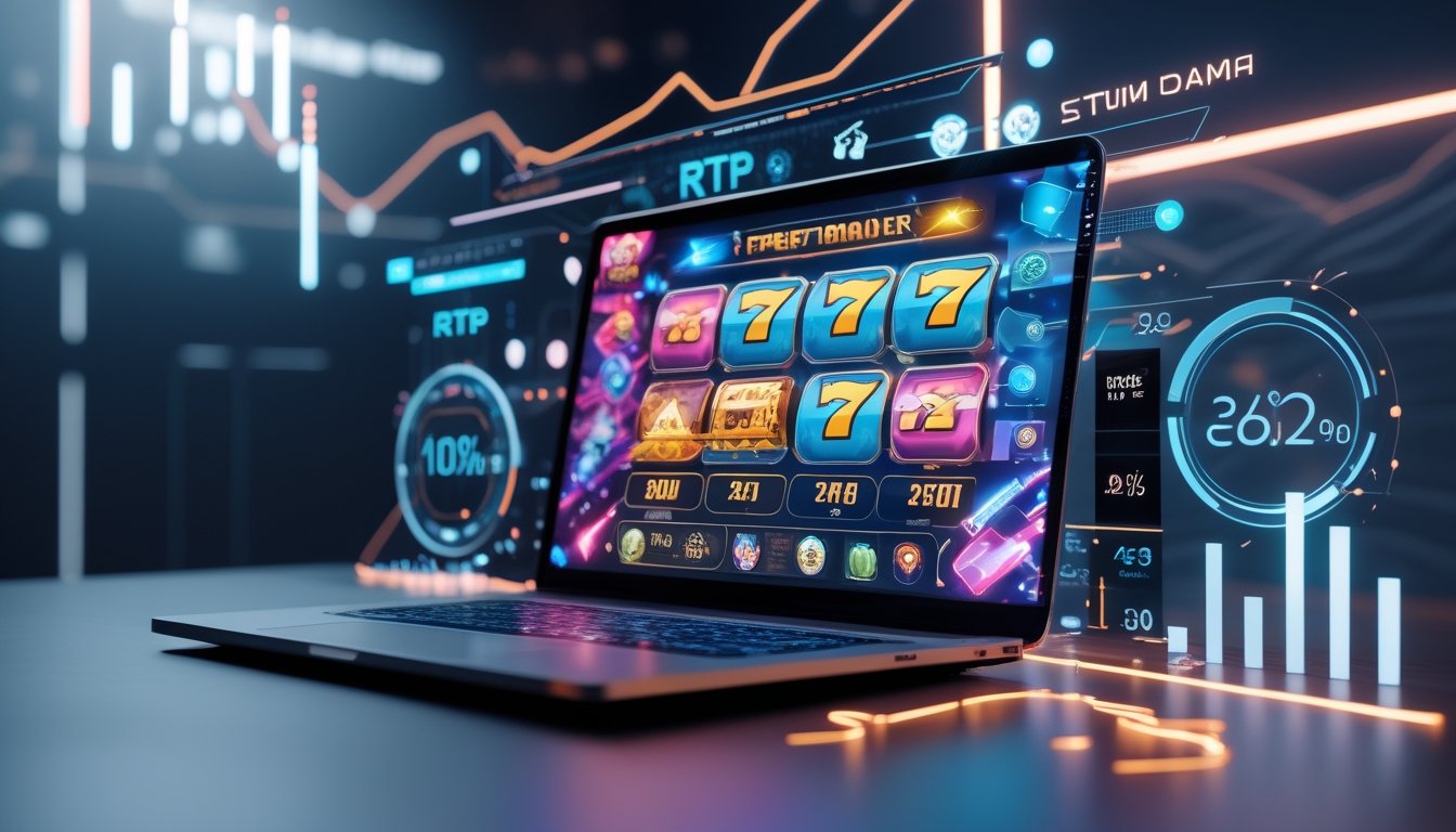 Sebuah komputer dengan tampilan permainan kasino online dan elemen grafis yang menunjukkan konsep RTP dalam permainan daring.