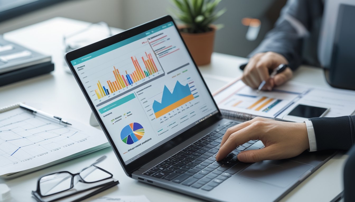 Meja kerja dengan laptop yang menampilkan grafik data, tangan seseorang menggunakan kalkulator dan mengetik di laptop, di sekitar meja terdapat laporan cetak dan alat tulis.