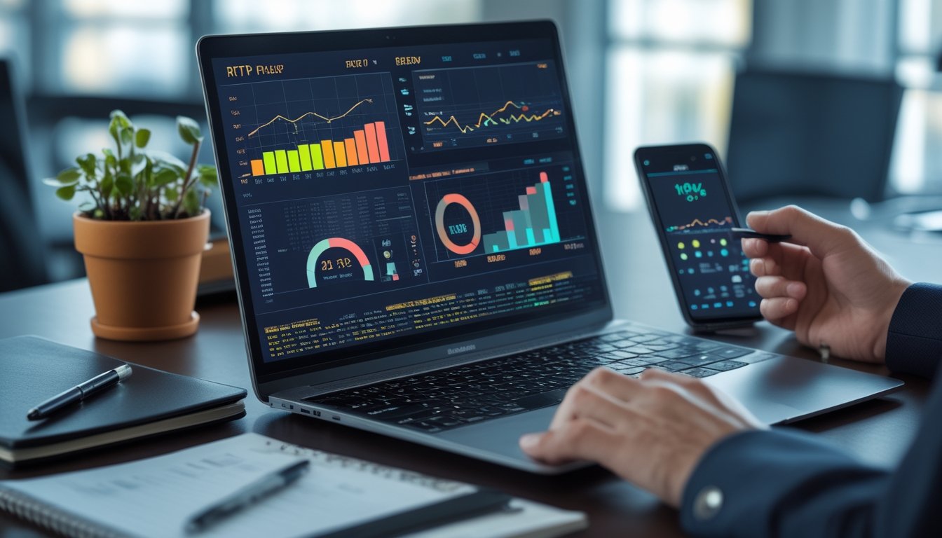 Meja kerja modern dengan laptop menampilkan grafik data, tangan orang sedang menggunakan laptop dan kalkulator, suasana kantor dengan cahaya alami.