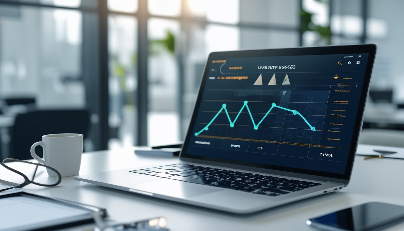 Sebuah meja kerja modern dengan laptop dan ponsel yang menampilkan grafik dan indikator persentase, di ruang kantor yang terang dan rapi.