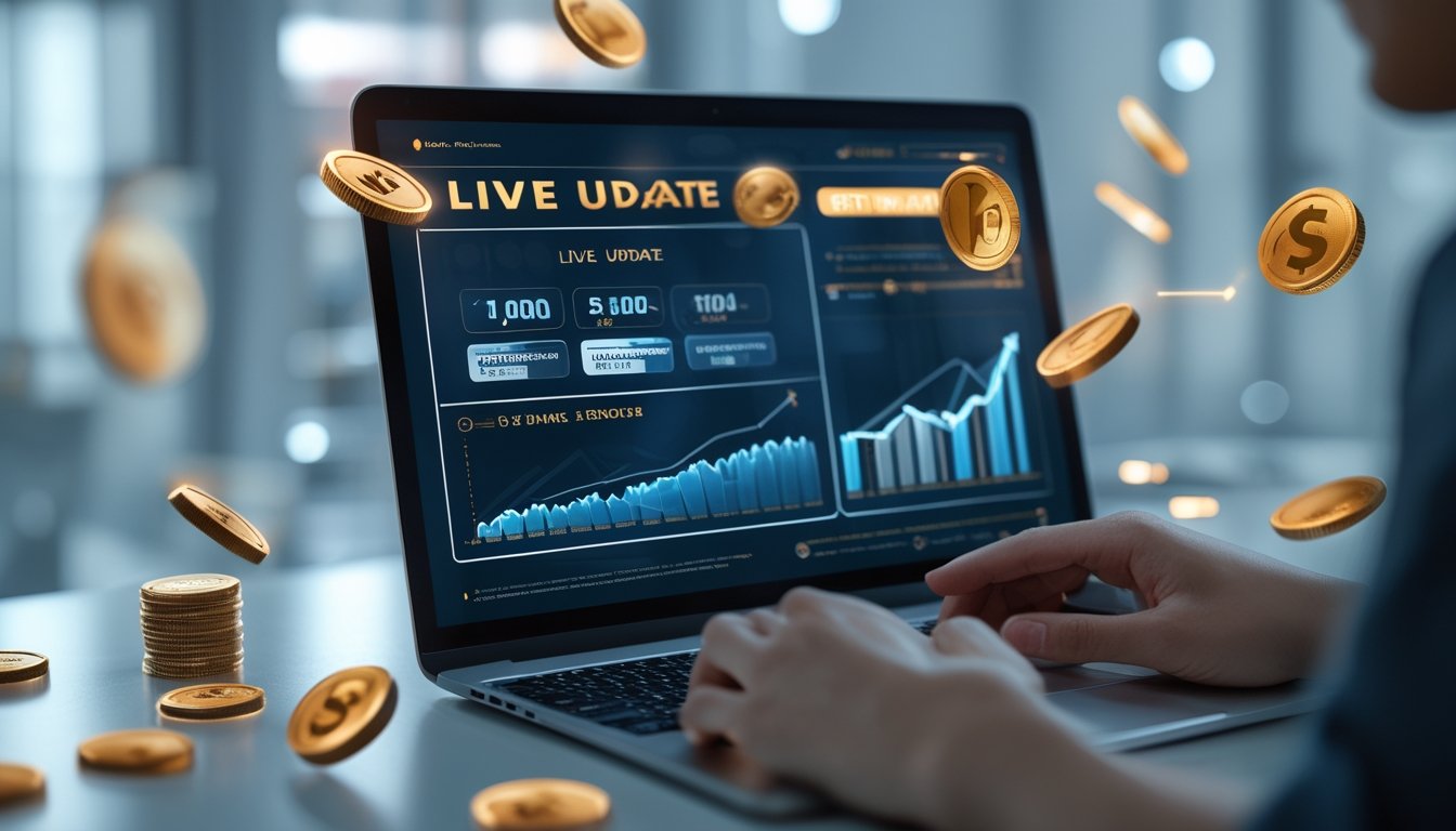 Tampilan layar komputer dengan grafik dan diagram RTP permainan slot online, dengan tangan seseorang yang sedang menggunakan perangkat tersebut.