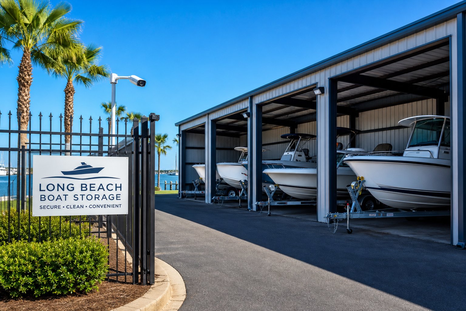A boat storage facility near the coast with boats stored on trailers and covered units, palm trees, and clear skies.