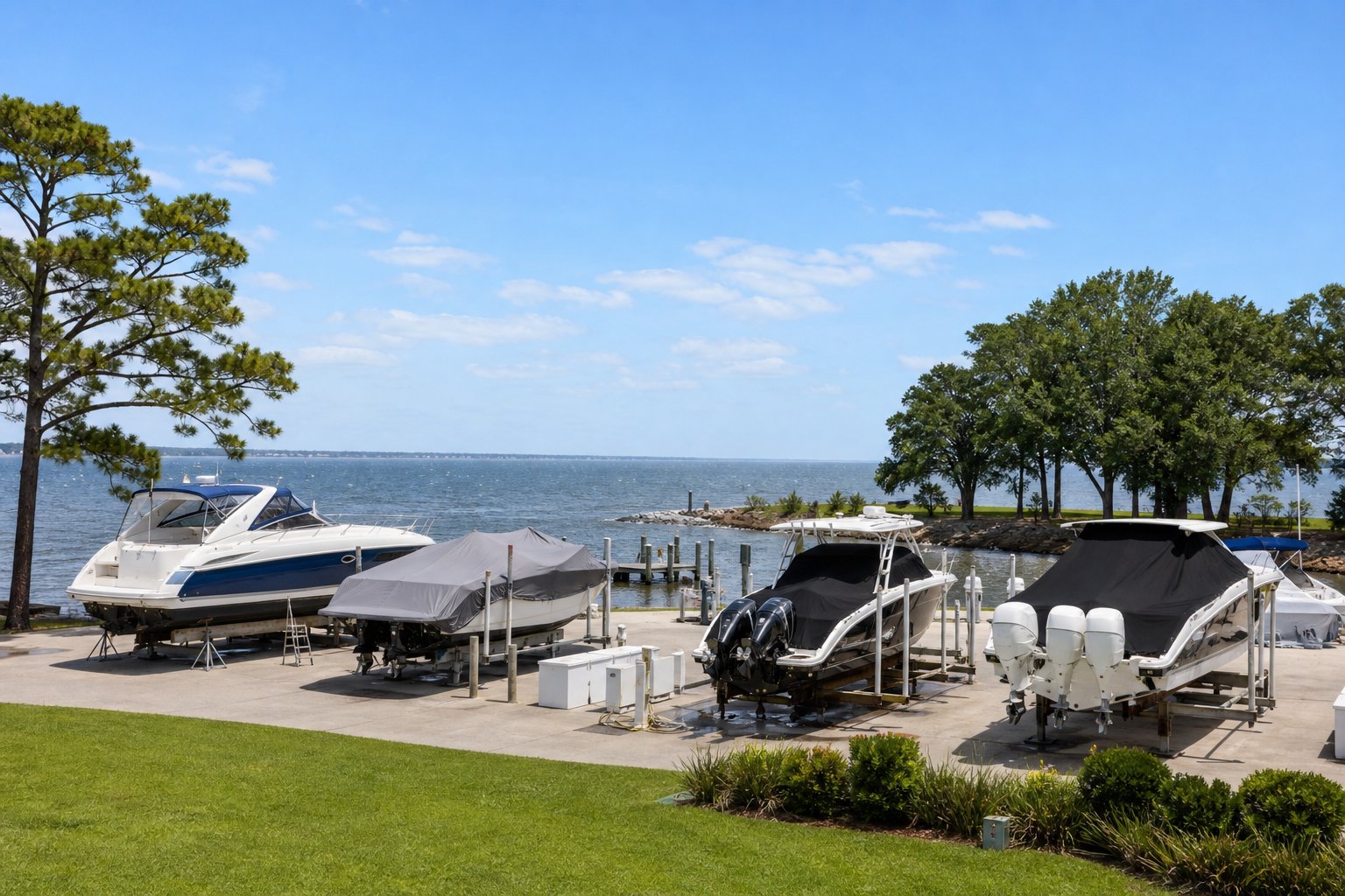Boats stored securely on dry docks at a calm marina near the shoreline with greenery and a clear blue sky.