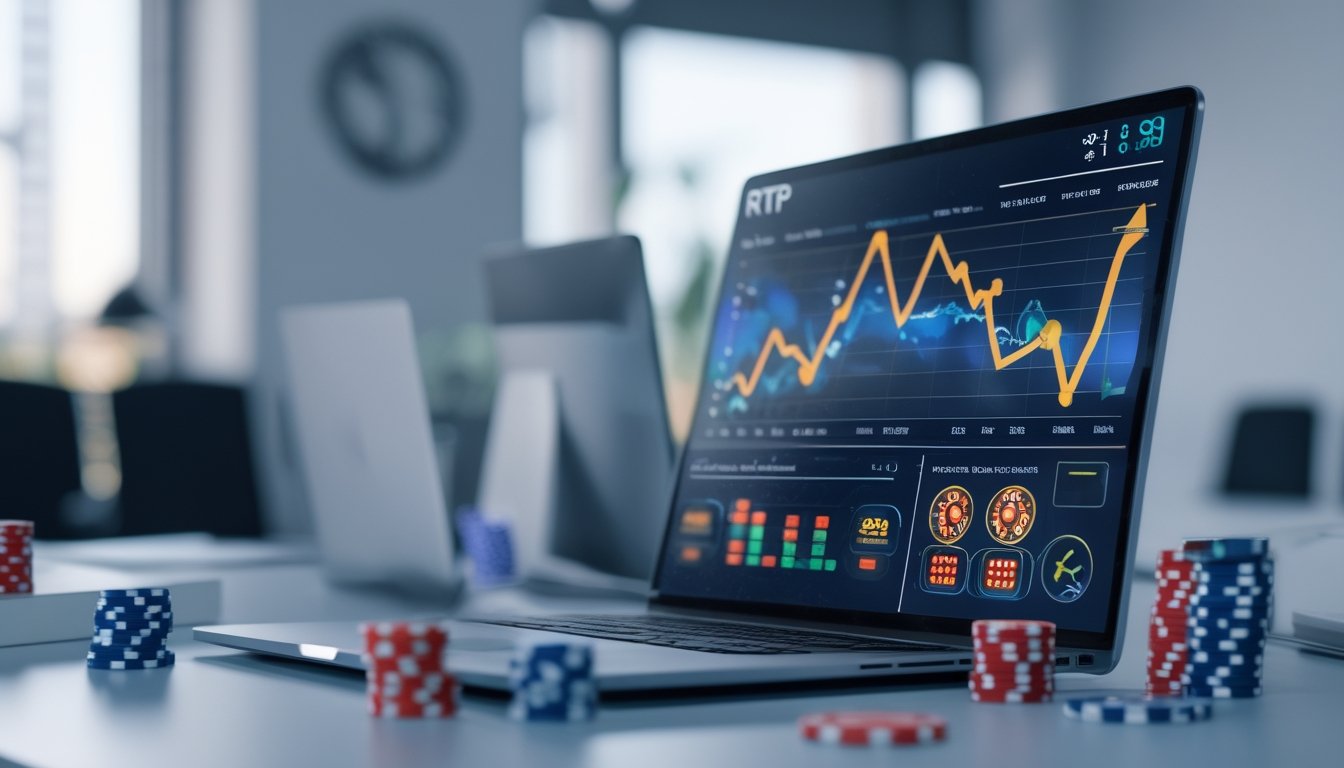 Sebuah meja kerja modern dengan laptop yang menampilkan grafik dan diagram terkait statistik permainan online, dikelilingi oleh simbol dadu, chip poker, dan kartu remi.
