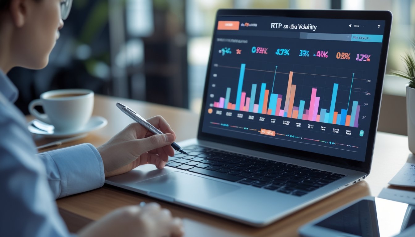 Seorang profesional menganalisis grafik dan data RTP serta volatilitas di laptop dalam suasana kerja yang fokus.