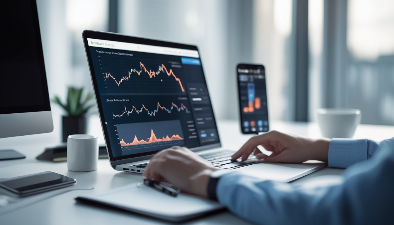Seorang profesional menggunakan komputer dengan grafik data RTP online yang sedang diperbarui secara real-time di meja kerja modern.