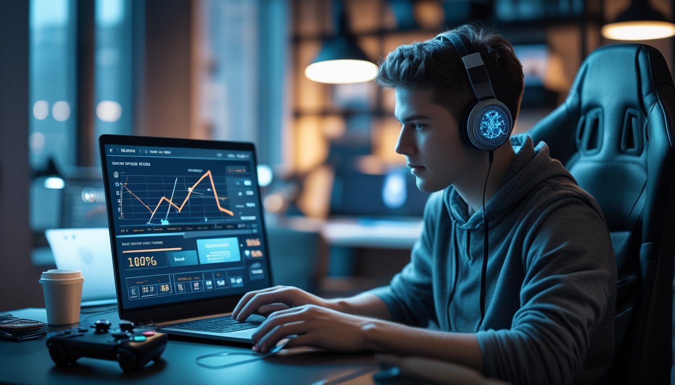 Seorang pria muda sedang menggunakan laptop dengan tampilan grafik dan statistik permainan online di layar, di sebuah ruang kerja yang nyaman dengan perlengkapan gaming di sekitarnya.