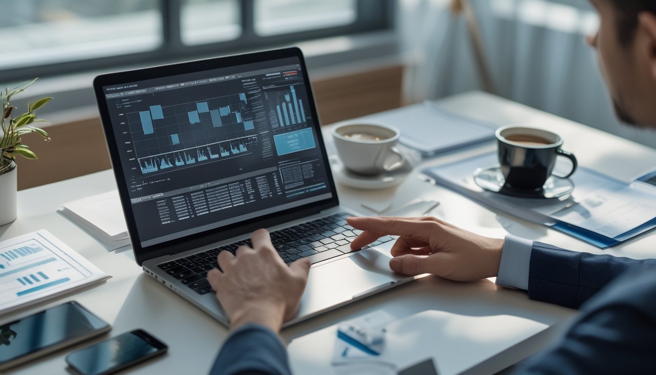 Meja kerja dengan laptop yang menampilkan grafik data, tangan seseorang sedang menunjuk layar, dikelilingi dokumen dan cangkir kopi.