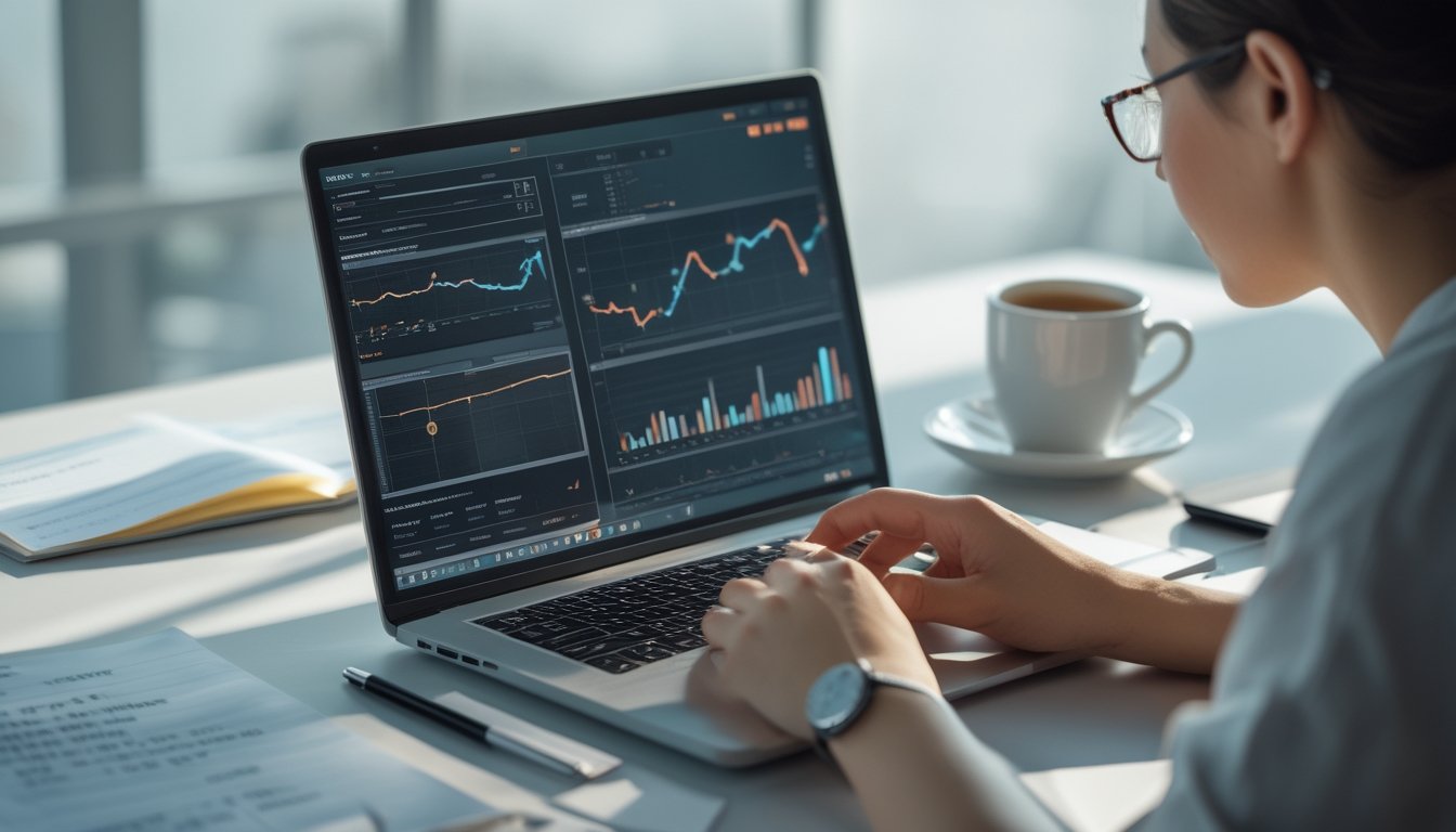 Meja kerja dengan laptop yang menampilkan grafik data dan alat tulis di sekitarnya.