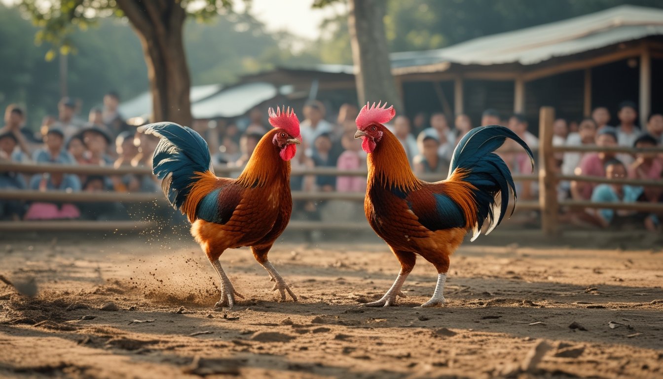 Dua ayam jago sedang bertarung di arena sabung ayam dengan penonton yang memperhatikan di latar belakang.