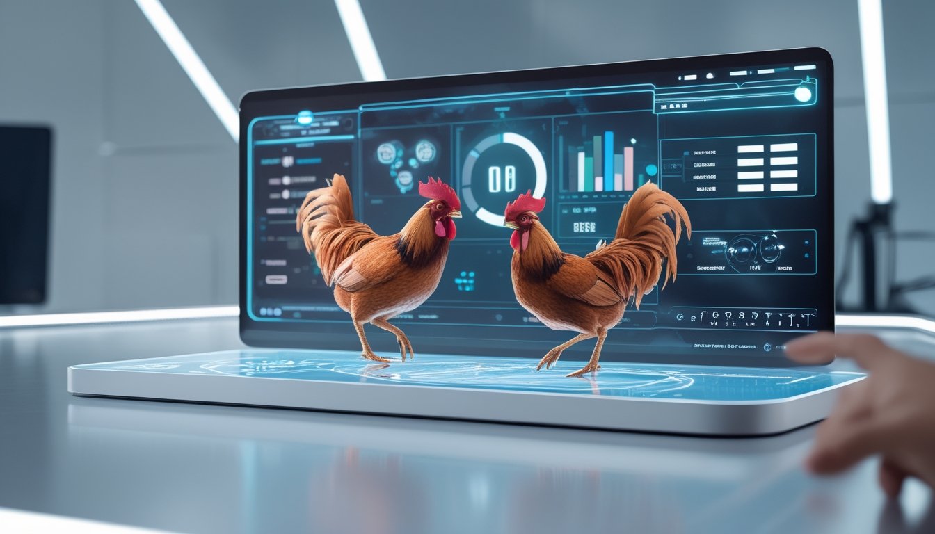 Antarmuka digital modern menampilkan ayam aduan dalam posisi dinamis dengan data holografik di latar belakang teknologi.