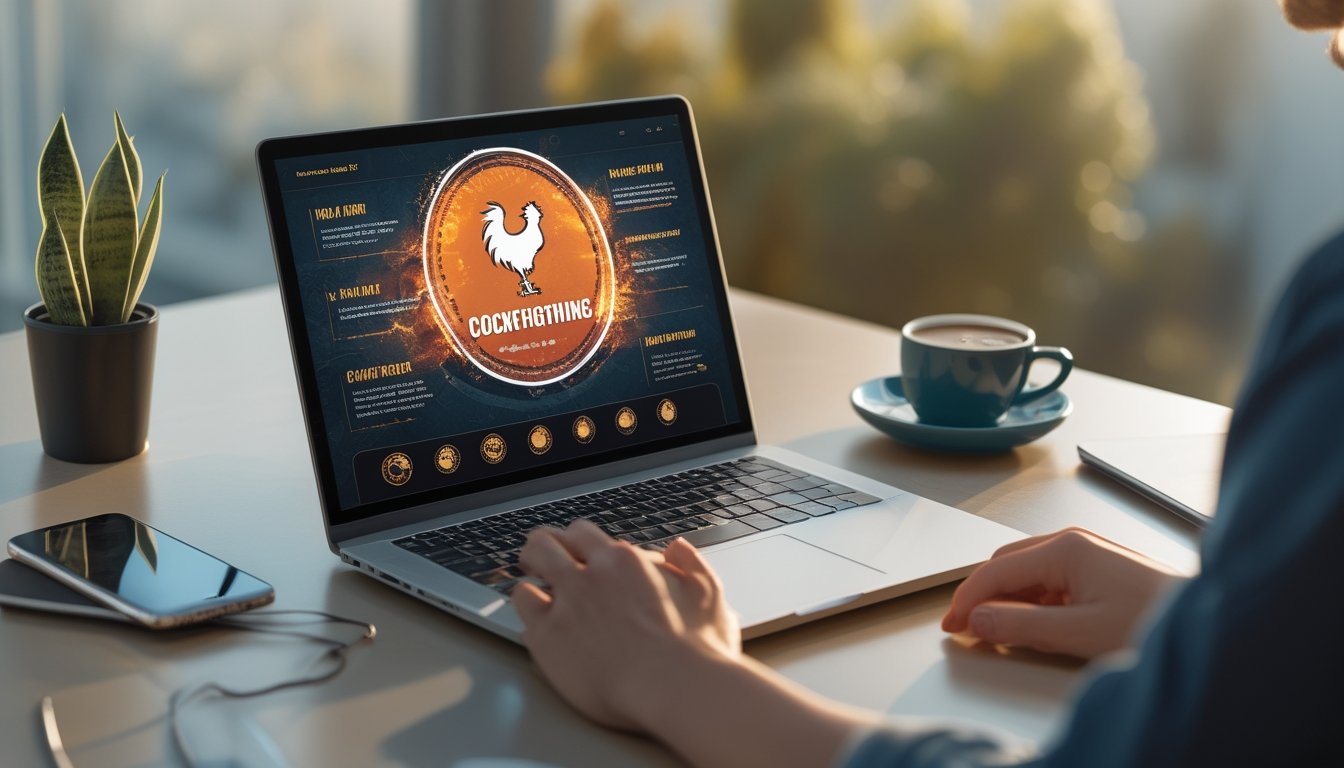 Seorang pria menggunakan laptop di meja kerja dengan tampilan situs web bertema sabung ayam online, dikelilingi perangkat digital dan suasana kerja yang hangat.