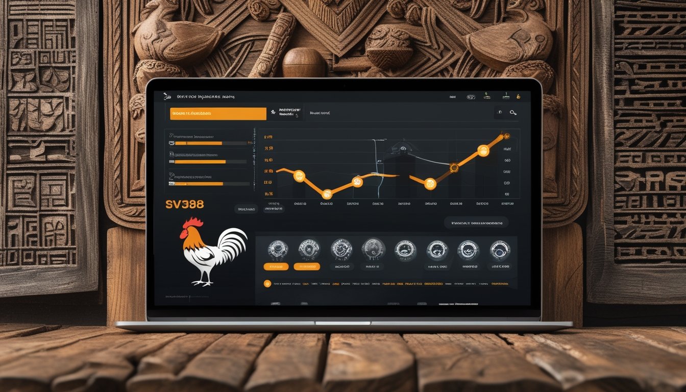 Tampilan layar digital modern dengan gambar ayam jago dan elemen budaya Indonesia yang menunjukkan perkembangan platform SV388.