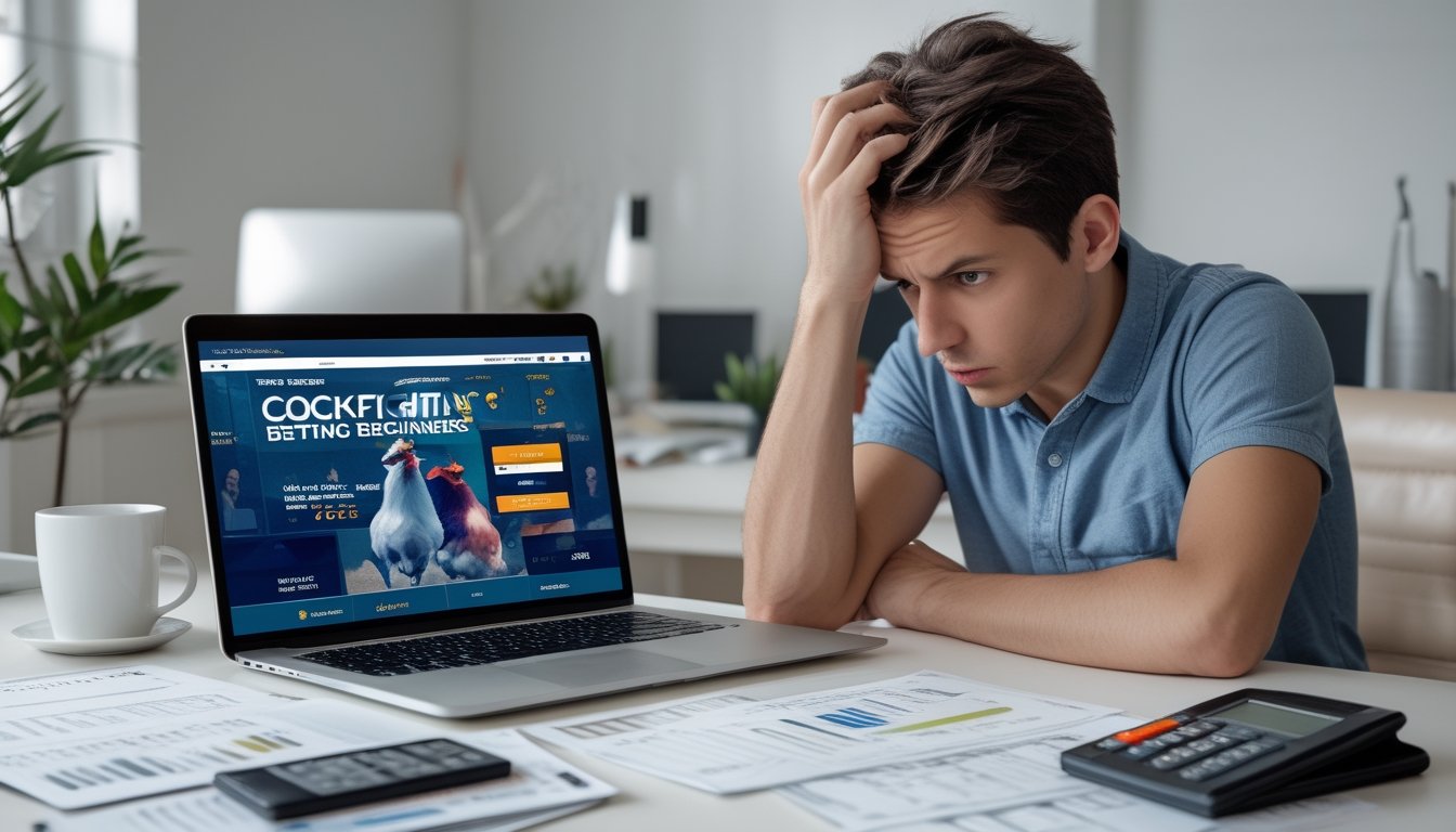 Seorang pemuda duduk di meja dengan laptop terbuka menampilkan situs taruhan sabung ayam, tampak cemas sambil memegang kepala, dikelilingi dokumen keuangan dan alat hitung.