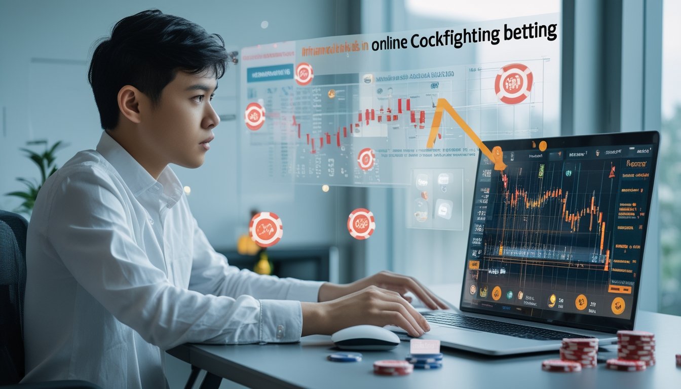 Seorang dewasa muda duduk di meja dengan laptop yang menampilkan grafik keuangan dan elemen simbol risiko serta uang di sekitarnya.
